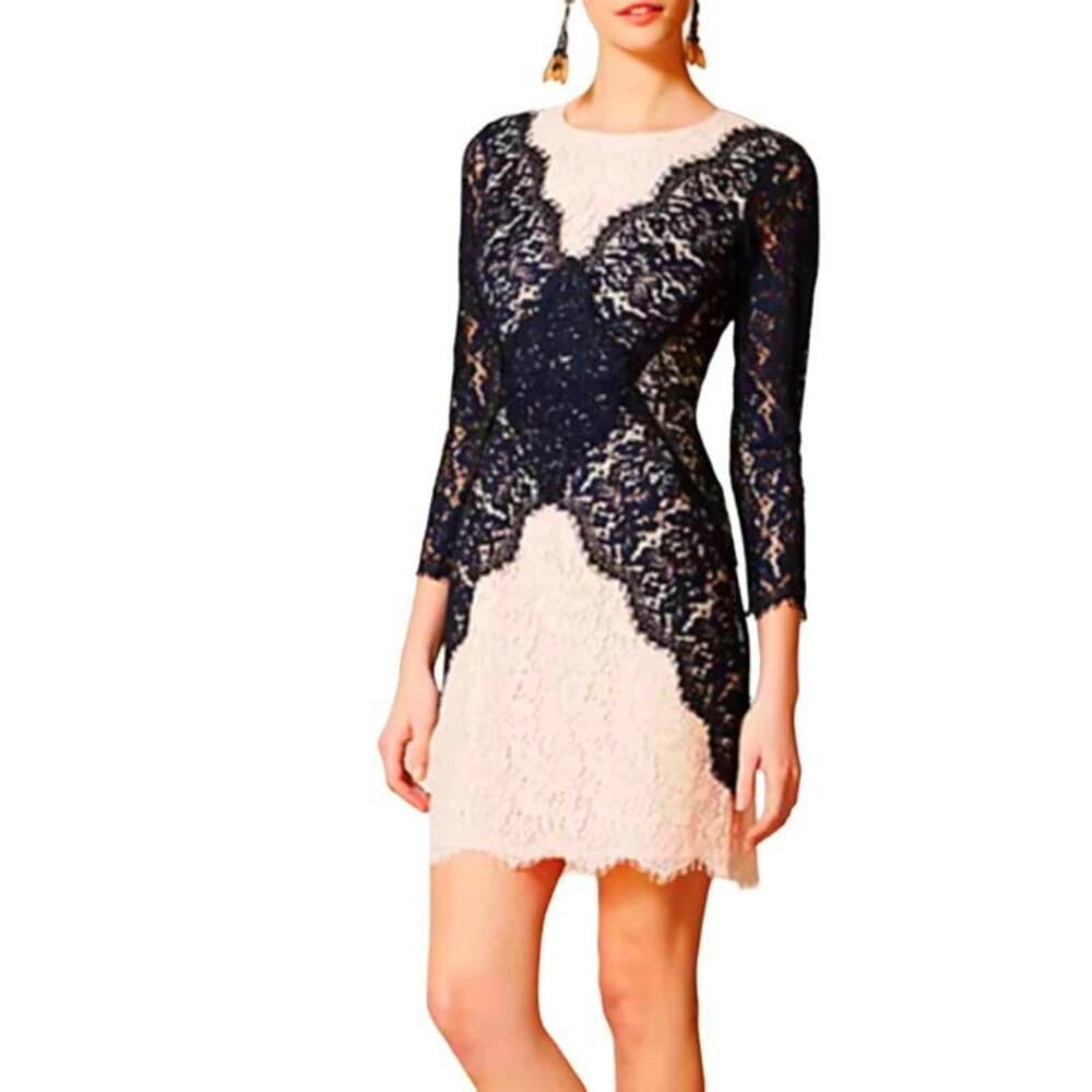 Peter Som x Made in Kind Patchwork Lace Long Sleeve Pencil Dress Pink Navy 0